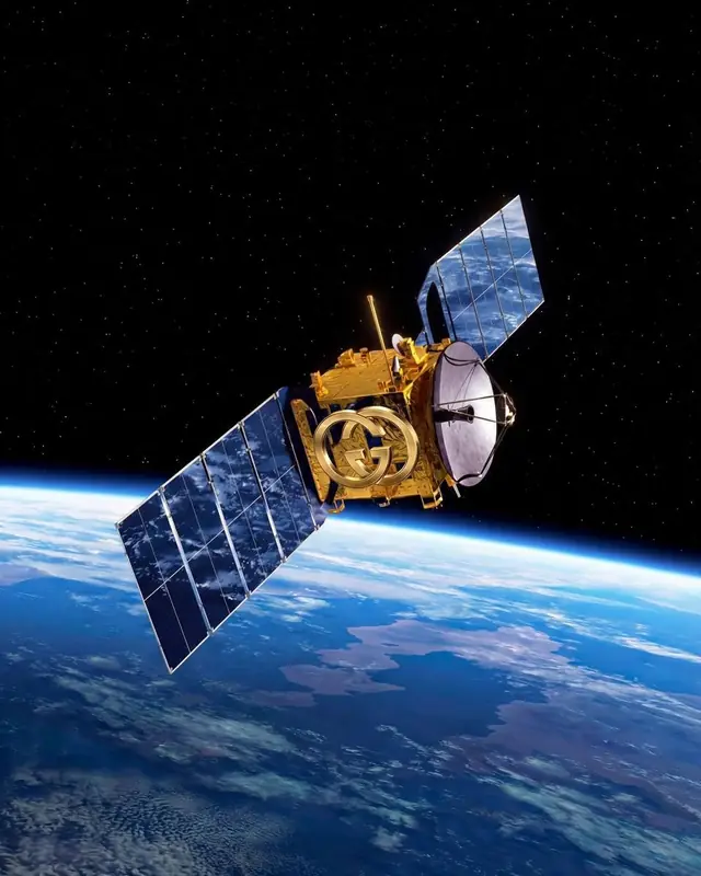 Satellite with solar panels above Earth